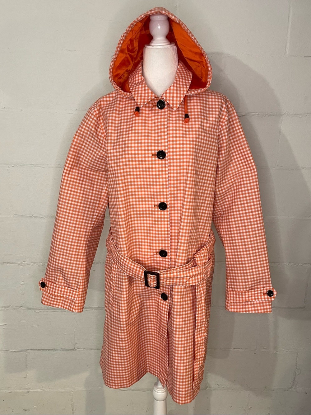 Lands' End Orange Gingham Hooded Trench Coat
